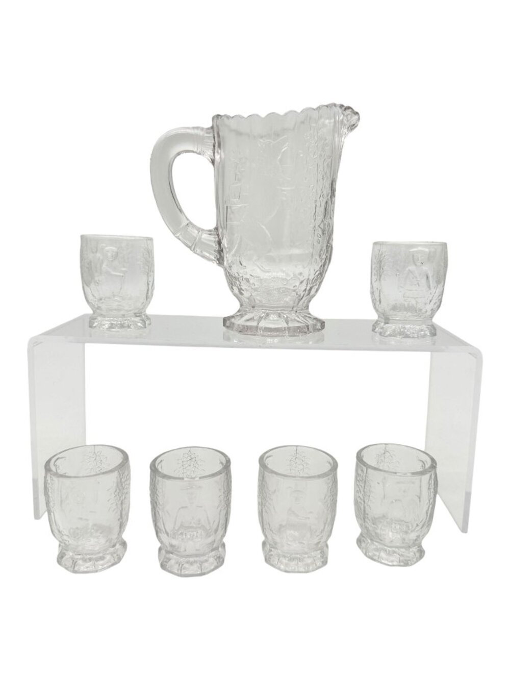 Nursery Rhyme 7pc Set Childrens Tableware Pitcher 6 Glasses US Glass Co 1908-19